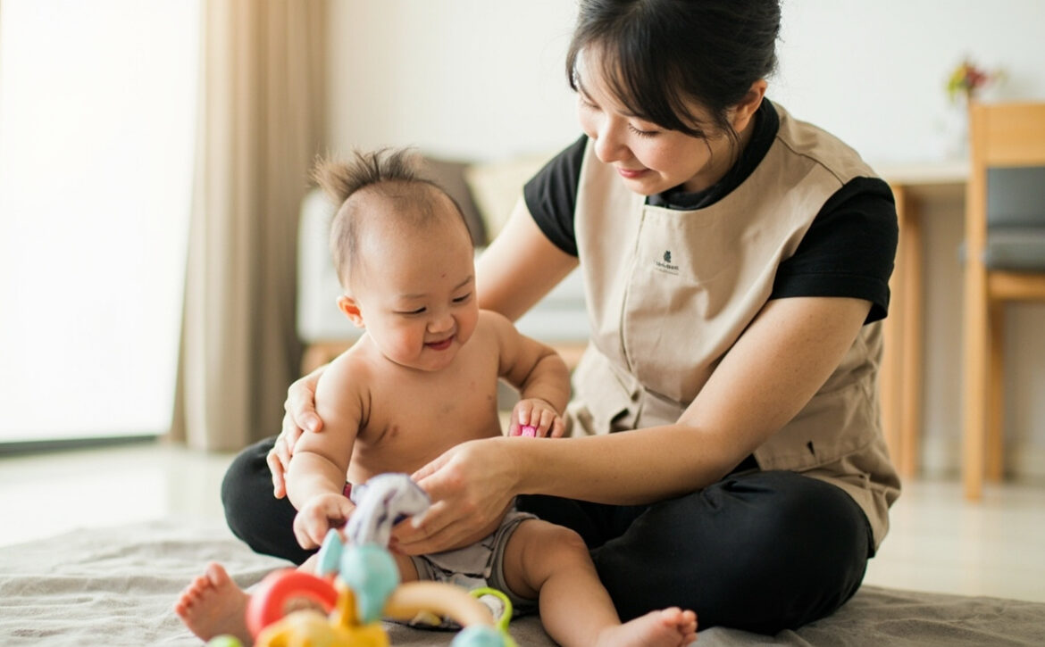 A caregiver in a beige sleeveless tunic over a black top sits on a floor mat, supporting a baby reaching toward a colourful fabric activity toy.