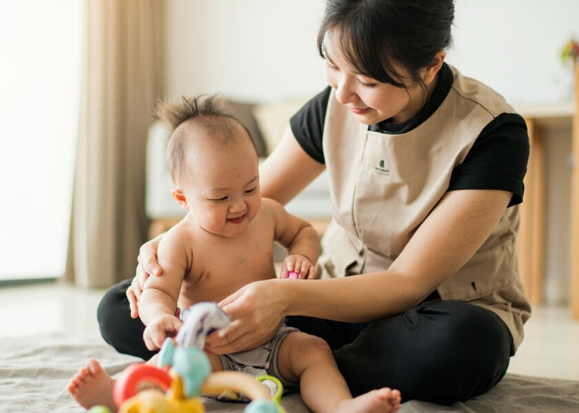 A caregiver in a beige sleeveless tunic over a black top sits on a floor mat, supporting a baby reaching toward a colourful fabric activity toy.
