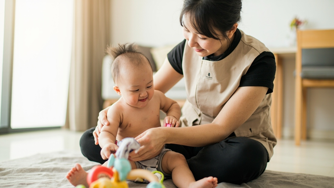A caregiver in a beige sleeveless tunic over a black top sits on a floor mat, supporting a baby reaching toward a colourful fabric activity toy.
