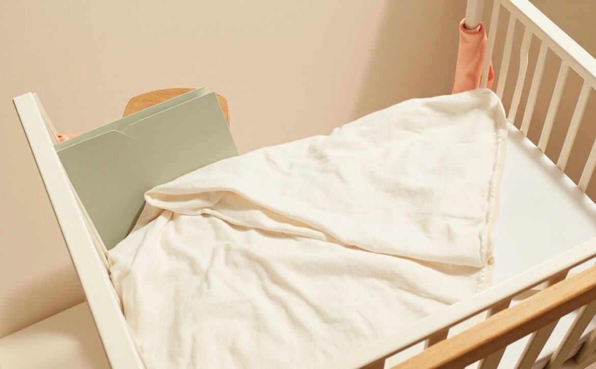 A warm cream cot with a soft muslin blanket, closed sage folder and small coral fabric accents.