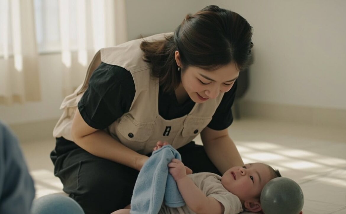 Childminder shares a soft cloth with an awake infant during supervised floor play