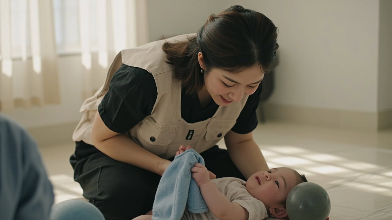Childminder shares a soft cloth with an awake infant during supervised floor play