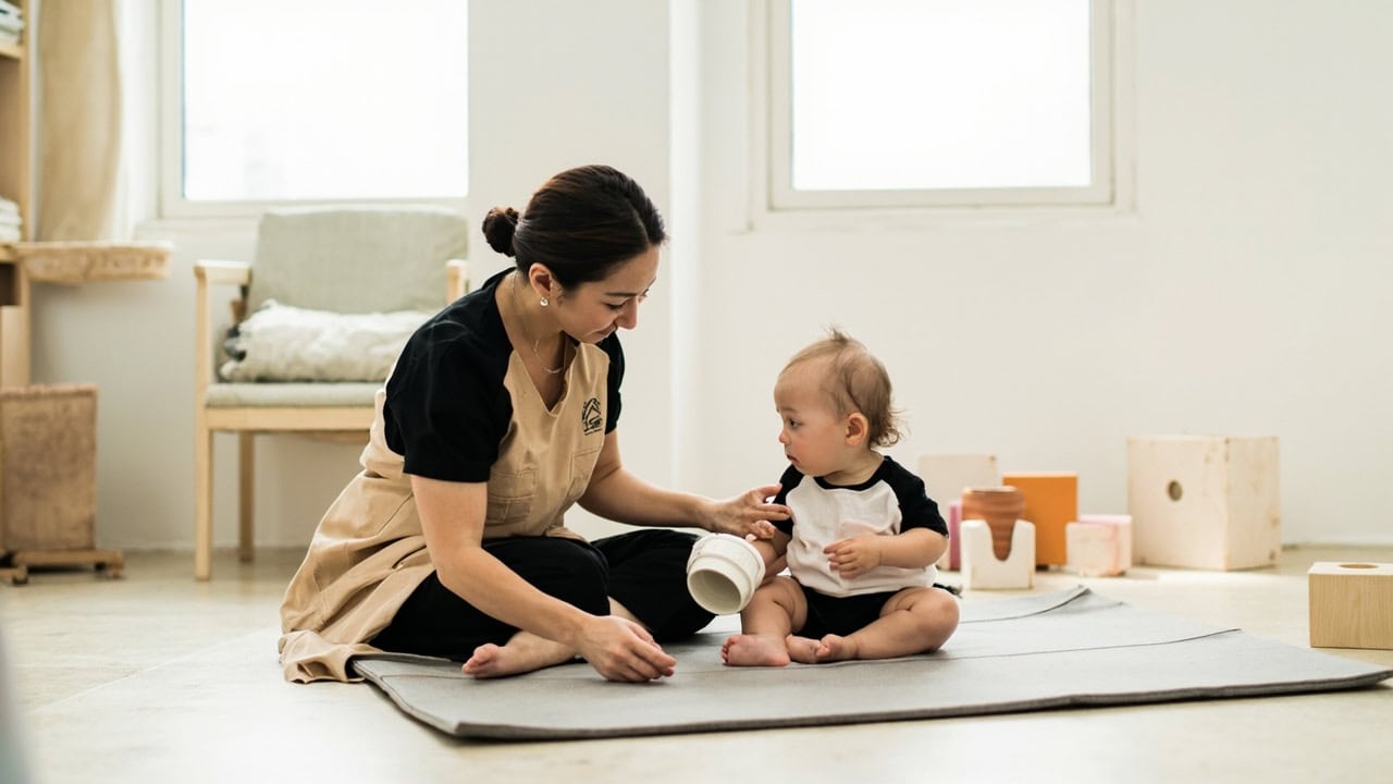 A caregiver kneels beside a seated toddler on a play mat, offering a white cup while the toddler holds a pink cup in a bright room.