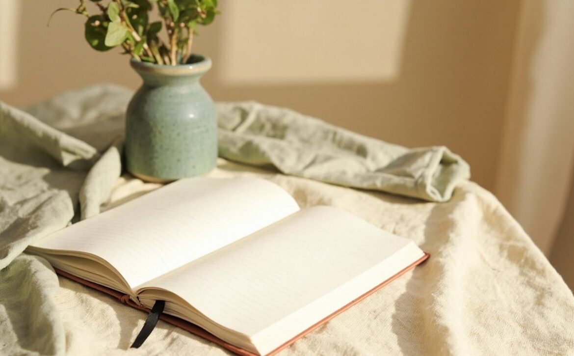 Open notebook with blank ruled pages on cream linen, beside a sage ceramic vase and leafy sprigs in warm window light.