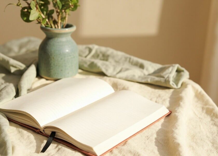 Open notebook with blank ruled pages on cream linen, beside a sage ceramic vase and leafy sprigs in warm window light.