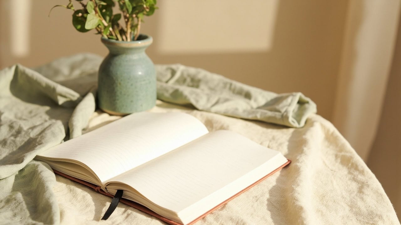 Open notebook with blank ruled pages on cream linen, beside a sage ceramic vase and leafy sprigs in warm window light.
