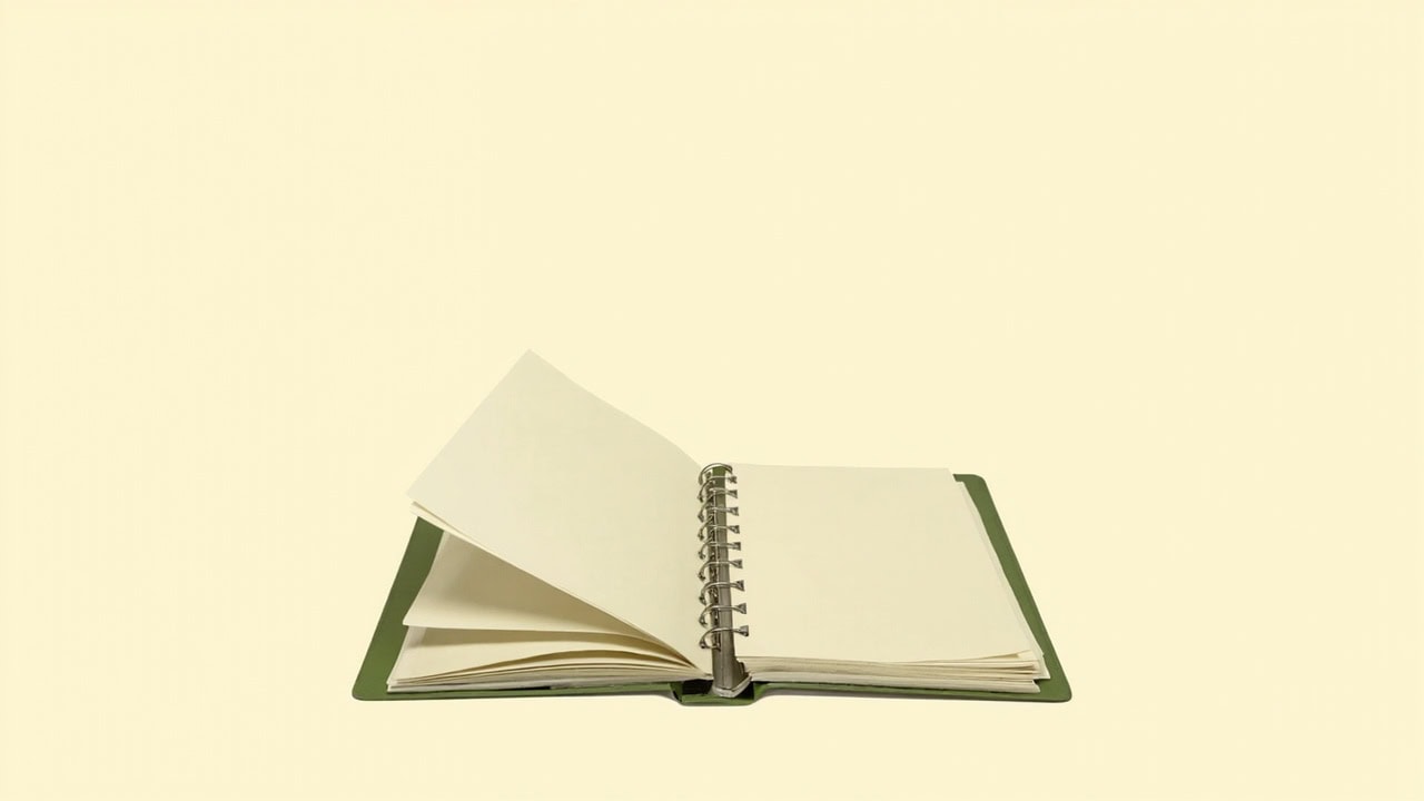 An open muted-green ring binder with blank cream pages sits alone on a warm ivory background.