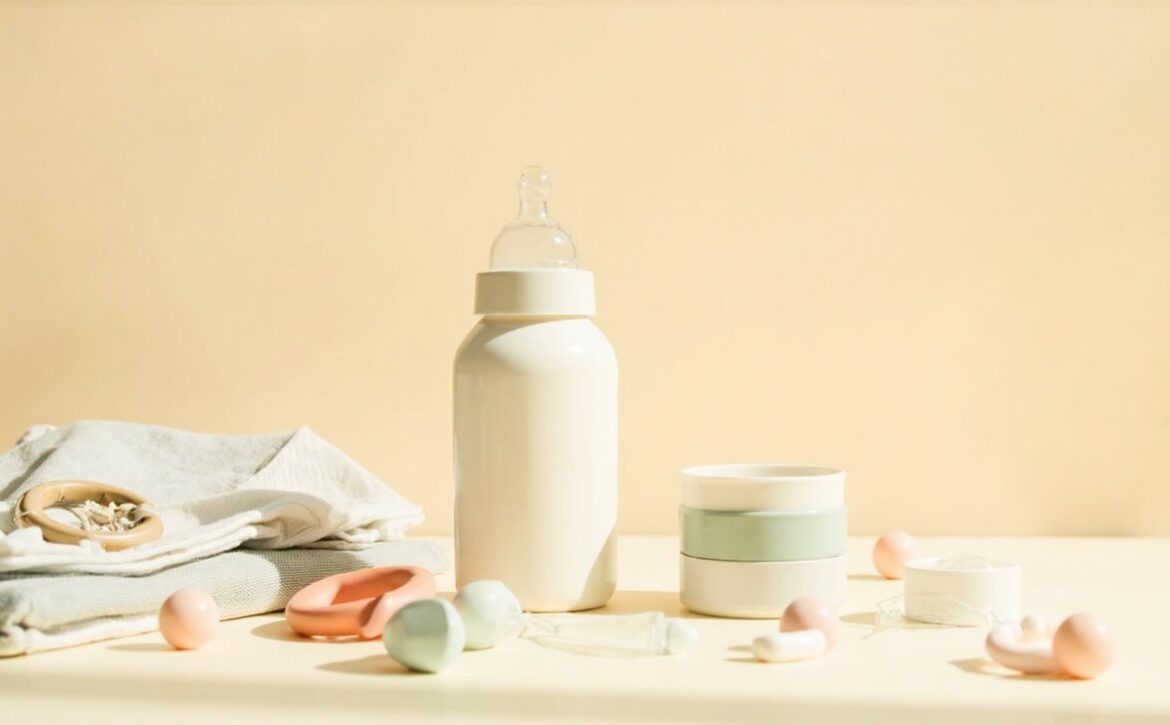 An unbranded baby bottle stands among folded cloths, muted storage tubs, a ring and small care items on a cream surface.