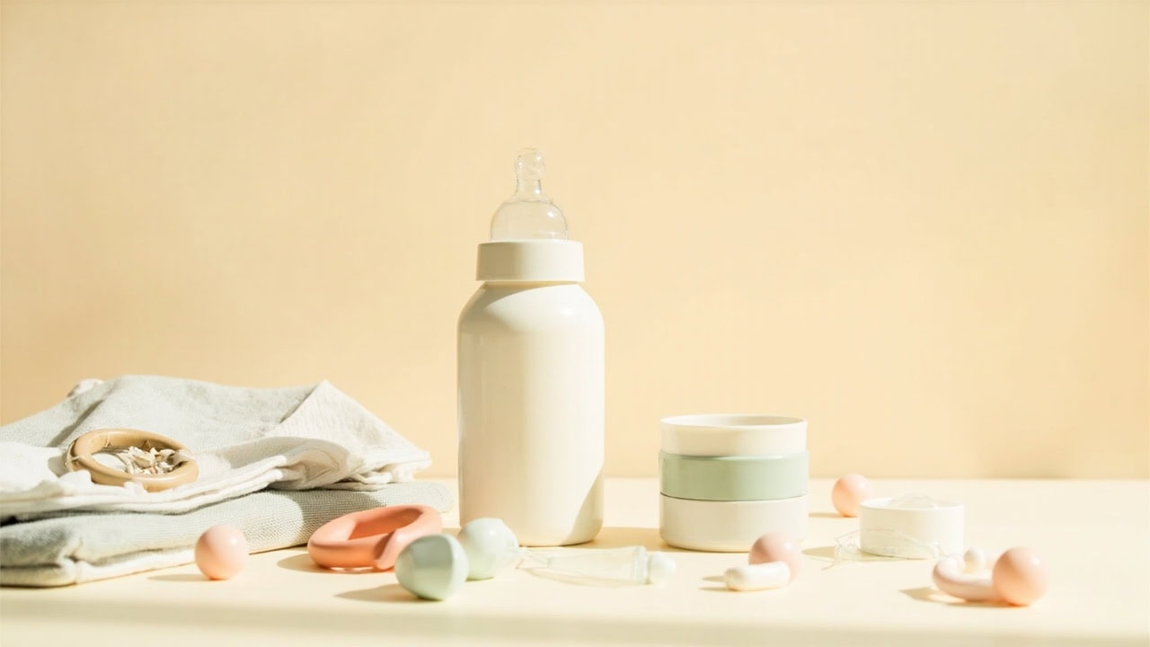 An unbranded baby bottle stands among folded cloths, muted storage tubs, a ring and small care items on a cream surface.