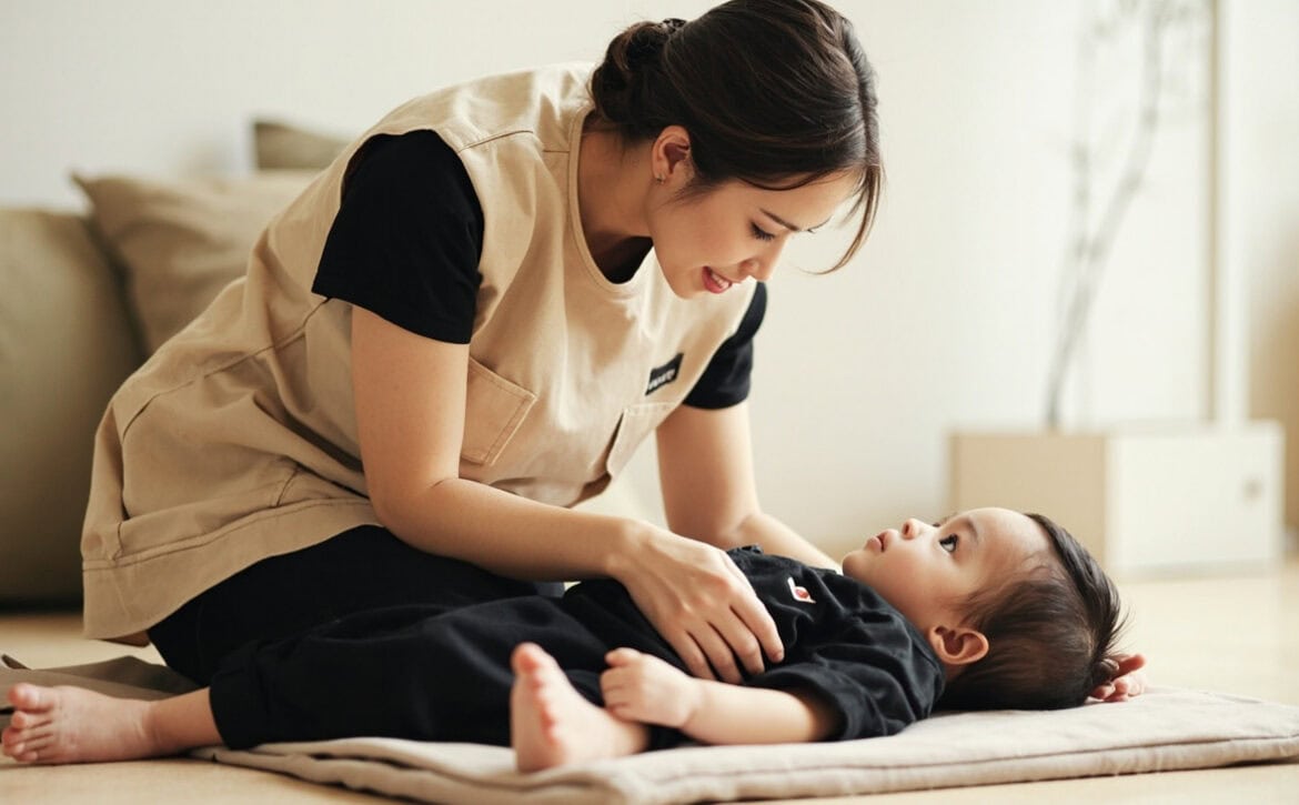 A caregiver kneels beside a baby lying on a floor mat in a bright room, resting one hand on the baby's torso.