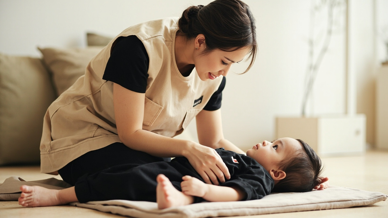 A caregiver kneels beside a baby lying on a floor mat in a bright room, resting one hand on the baby's torso.