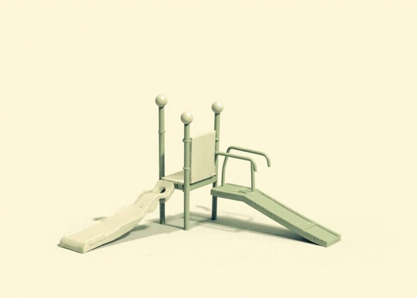 Stylised empty modular playground with a small slide, raised platform, rails and sloping ramp on a plain ivory background.