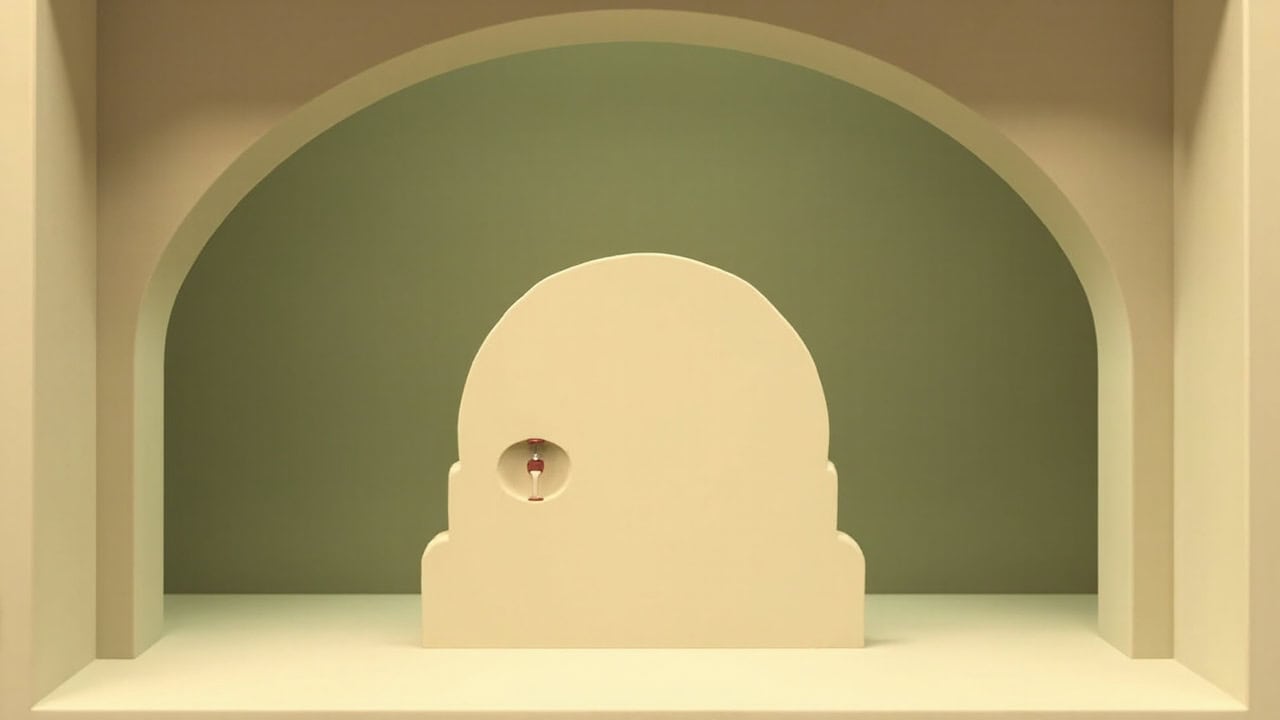 Stylised cream vault-like doorway in an olive-green alcove, with a small unmarked hourglass inside its round handle.