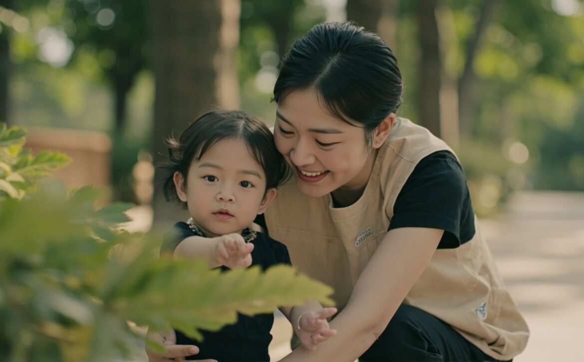 A caregiver kneels beside a toddler on a clear park path while the toddler reaches toward green leaves and the caregiver holds an open hand nearby.