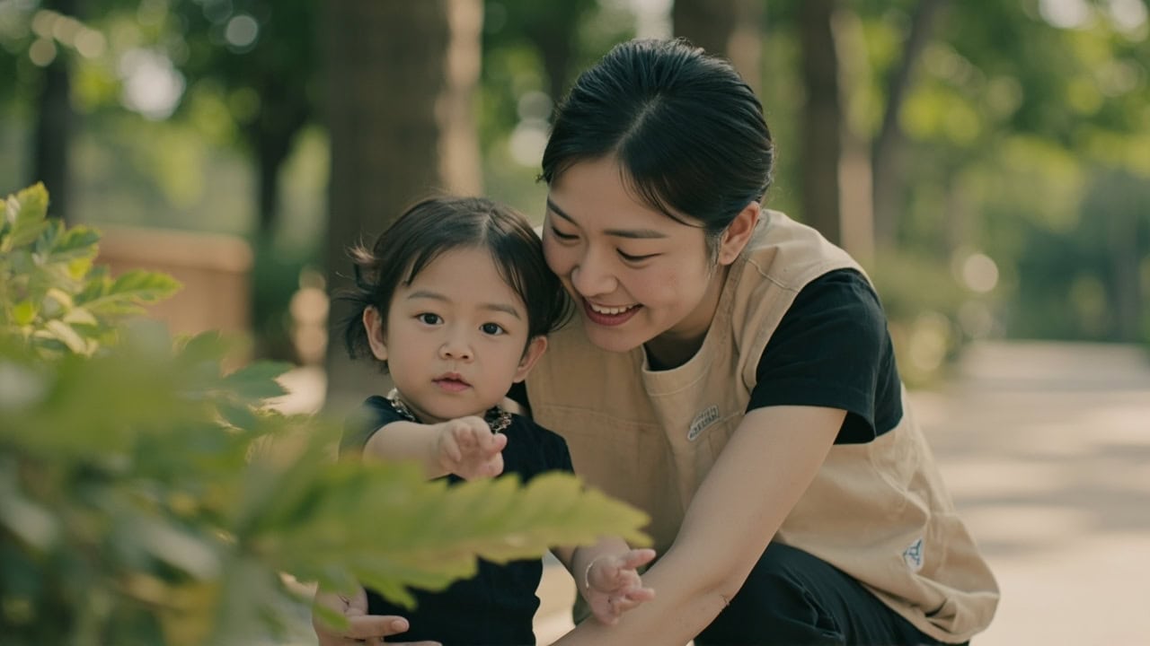A caregiver kneels beside a toddler on a clear park path while the toddler reaches toward green leaves and the caregiver holds an open hand nearby.