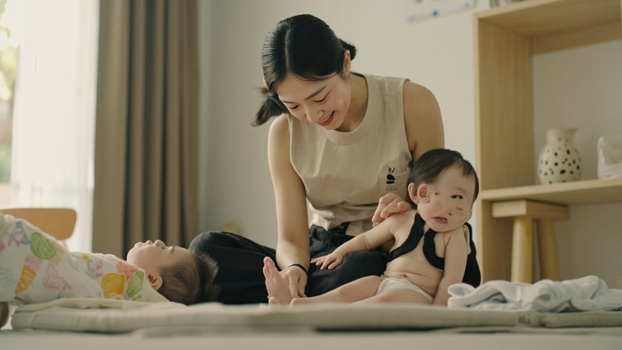 Childminder acknowledges two infants during shared floor play