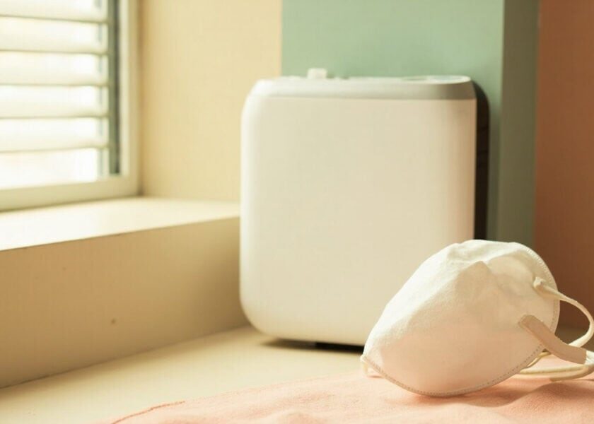 An unmarked white cup-shaped respirator rests on a coral cloth beside a louvred window and a smooth, generic air purifier.