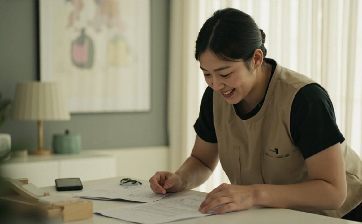 Care documents, a handover note and a checklist on a parent's dining table