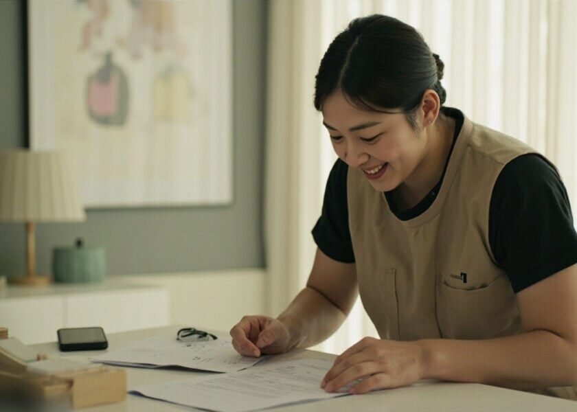 Care documents, a handover note and a checklist on a parent's dining table
