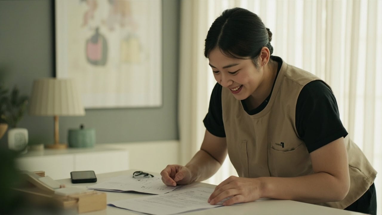 Care documents, a handover note and a checklist on a parent's dining table