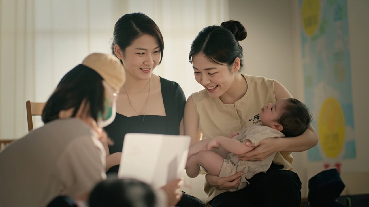 A uniformed caregiver in a black top with short sleeves holds an awake infant while a parent reviews a handover note