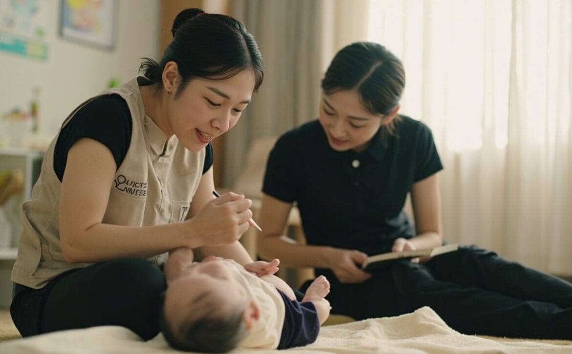 Parent takes a care note while a childminder watches an awake infant during floor play