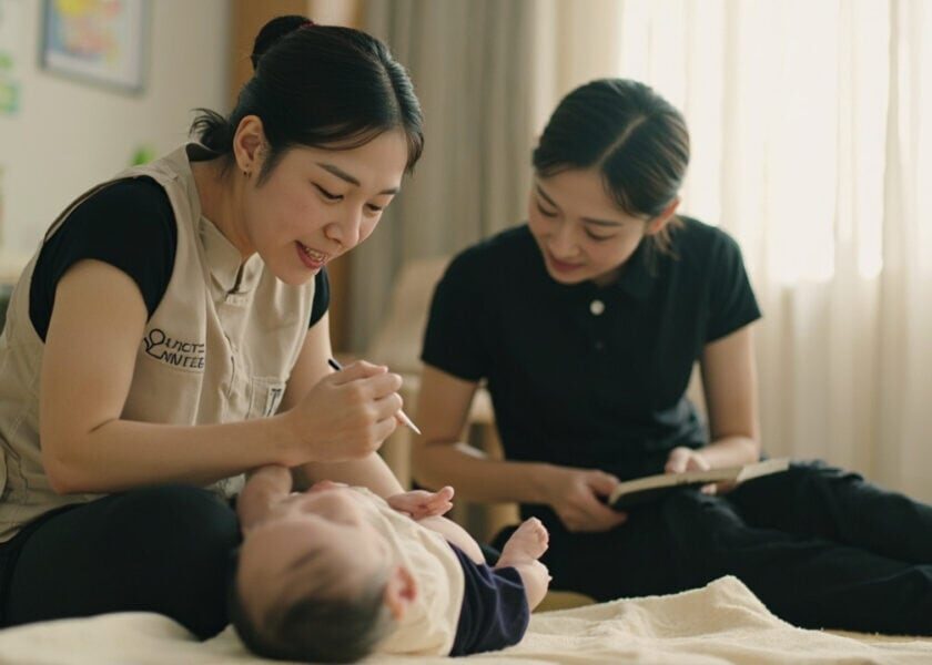 Parent takes a care note while a childminder watches an awake infant during floor play