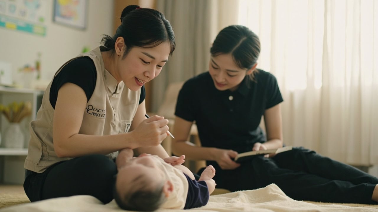 Parent takes a care note while a childminder watches an awake infant during floor play