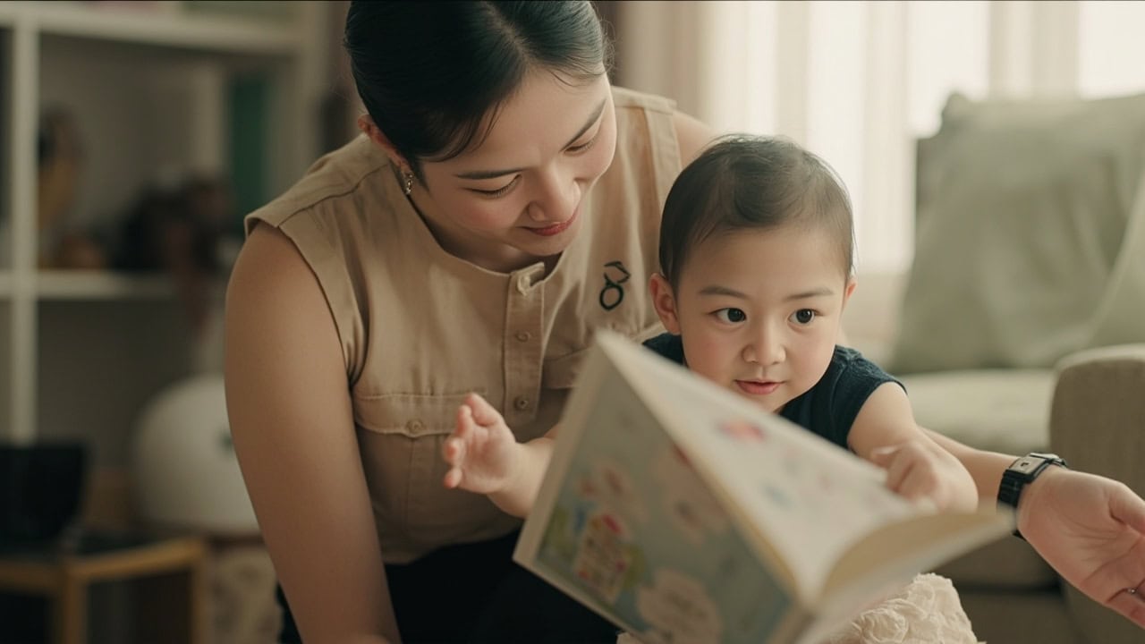 A childminder follows an infant reach during floor play and answers with a calm gesture