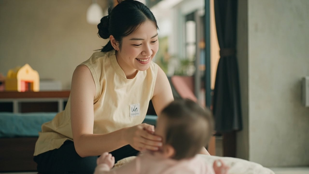 A parent and childminder discuss care while an awake infant plays nearby
