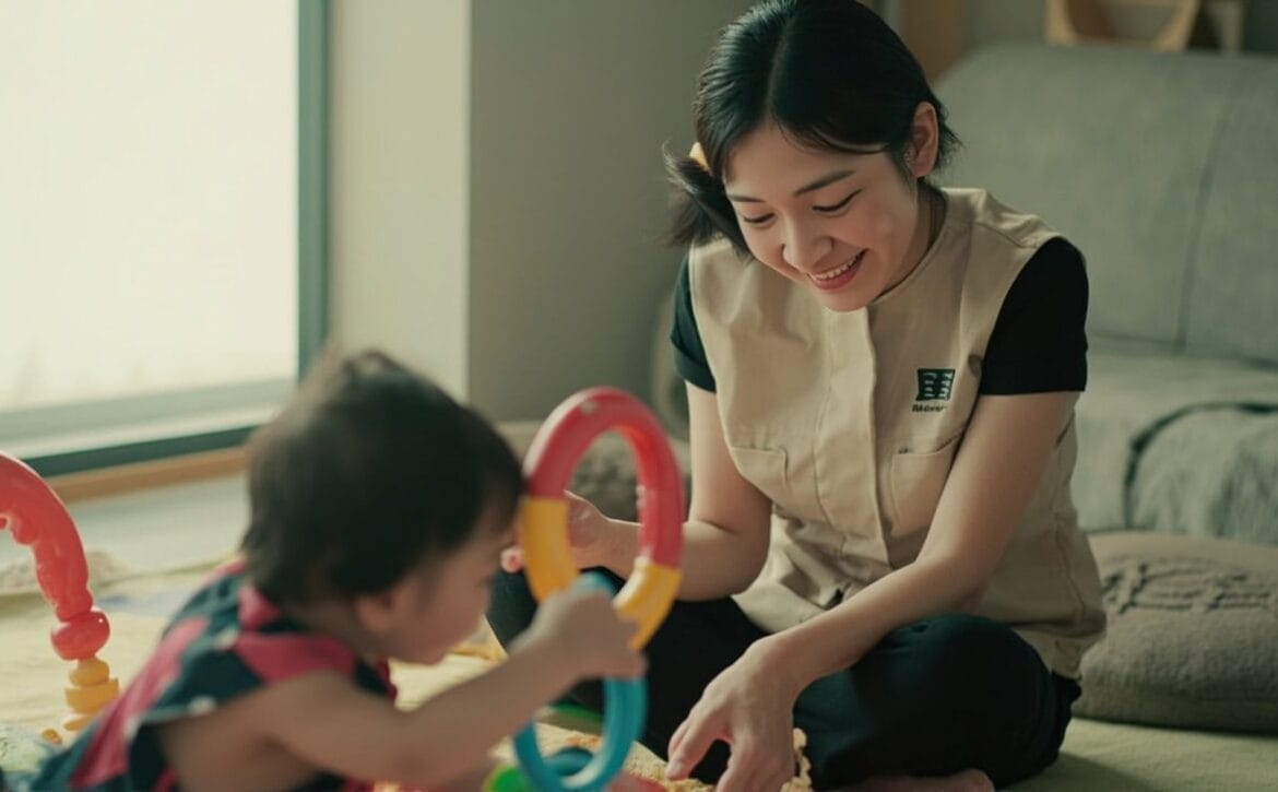 A seated childminder lowers a soft toy and waits while an infant looks towards a cushion on a clean play mat in a bright room