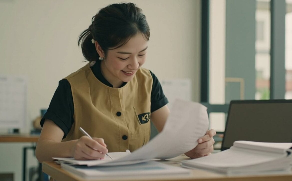 Parent comparing childminding dates in a notebook and calendar at home