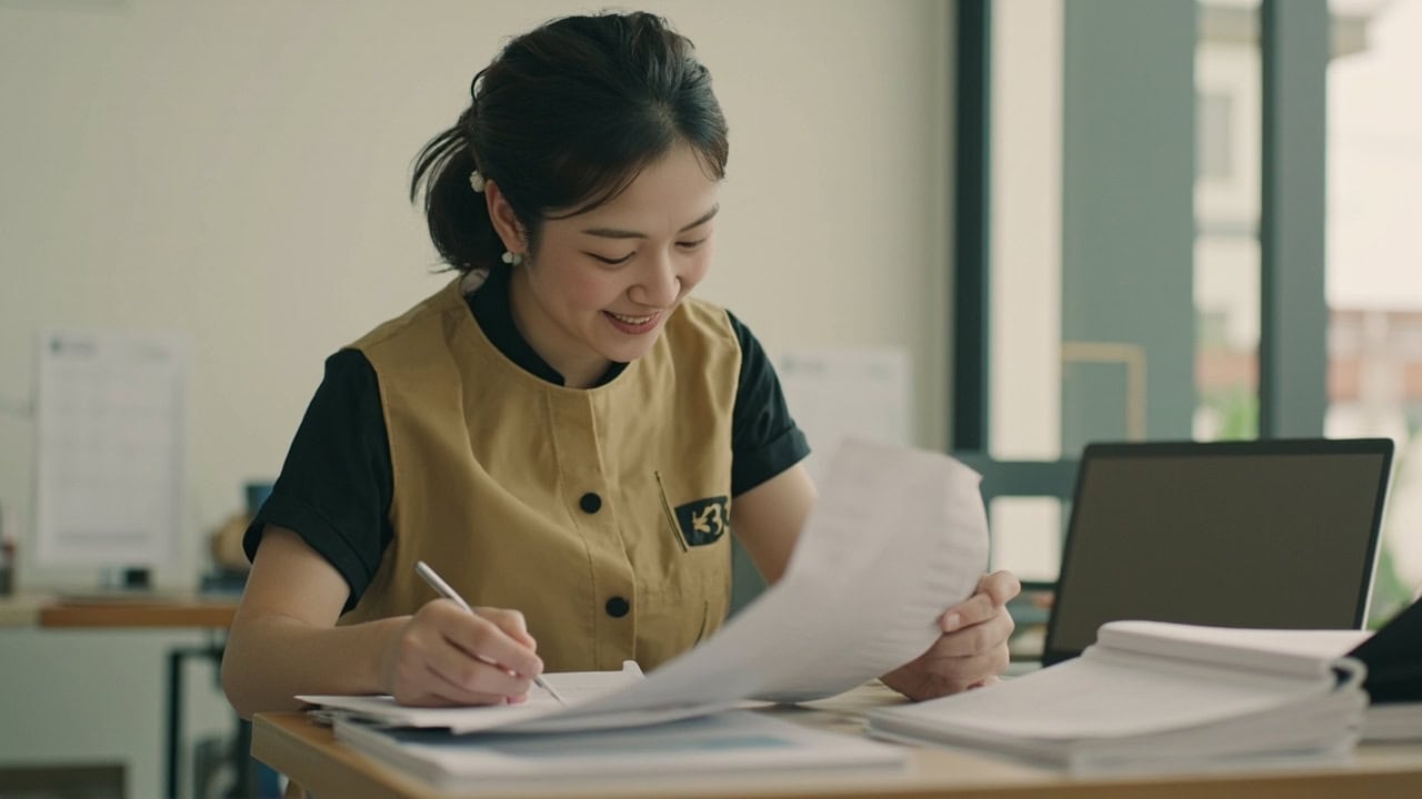 Parent comparing childminding dates in a notebook and calendar at home