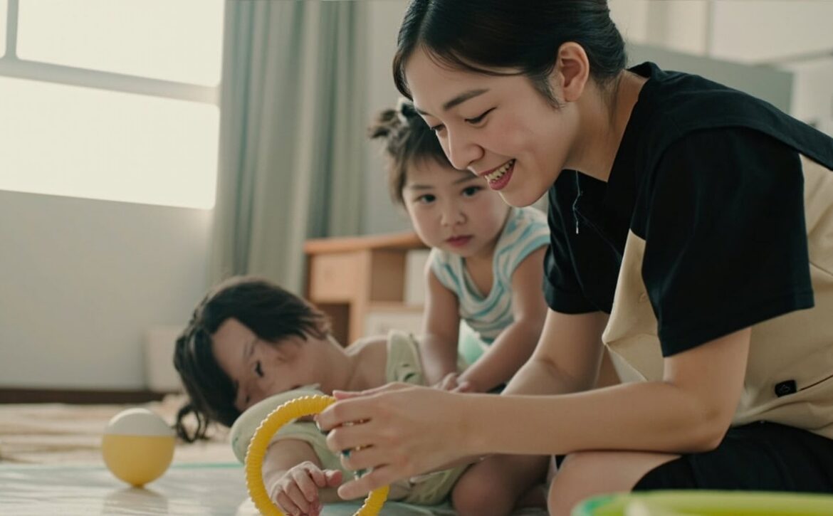 Childminder attentively watching an infant reach for a soft ring during play