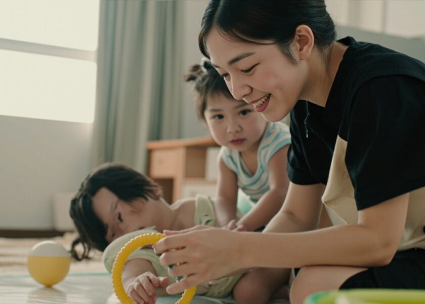 Childminder attentively watching an infant reach for a soft ring during play