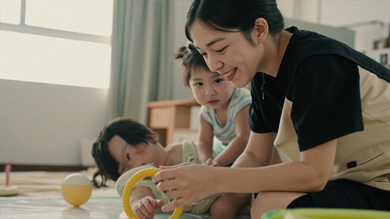 Childminder attentively watching an infant reach for a soft ring during play