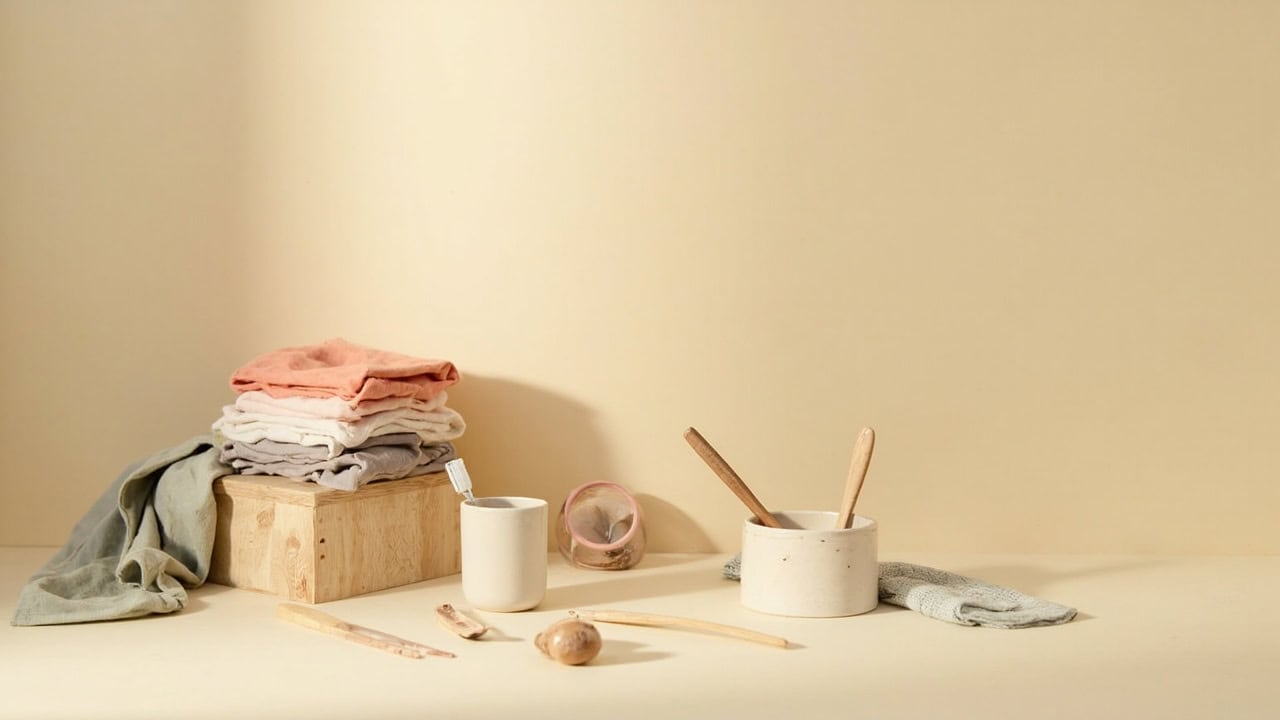 Warm cream still life of folded clothes, a toothbrush in a cup, ceramic bowl, wooden utensils and cloths.