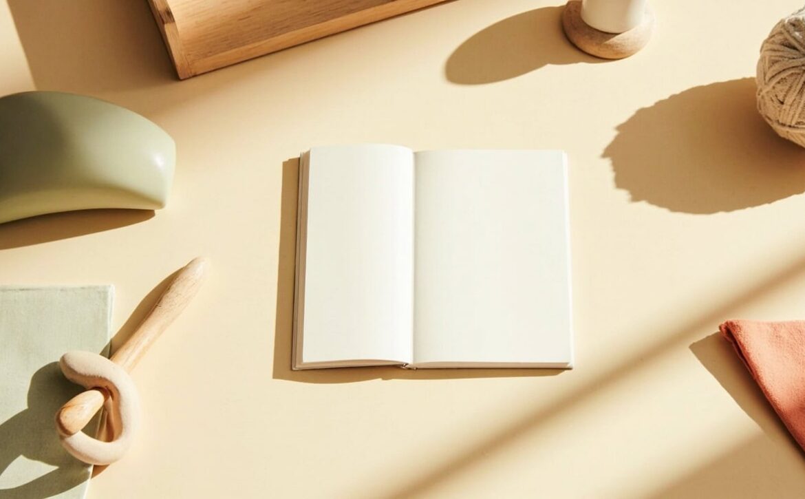Blank notebook, wooden play pieces, fabric ball and folded cloth arranged on a warm, sunlit cream tabletop.