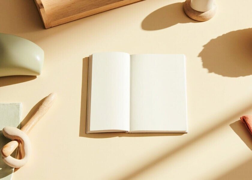 Blank notebook, wooden play pieces, fabric ball and folded cloth arranged on a warm, sunlit cream tabletop.