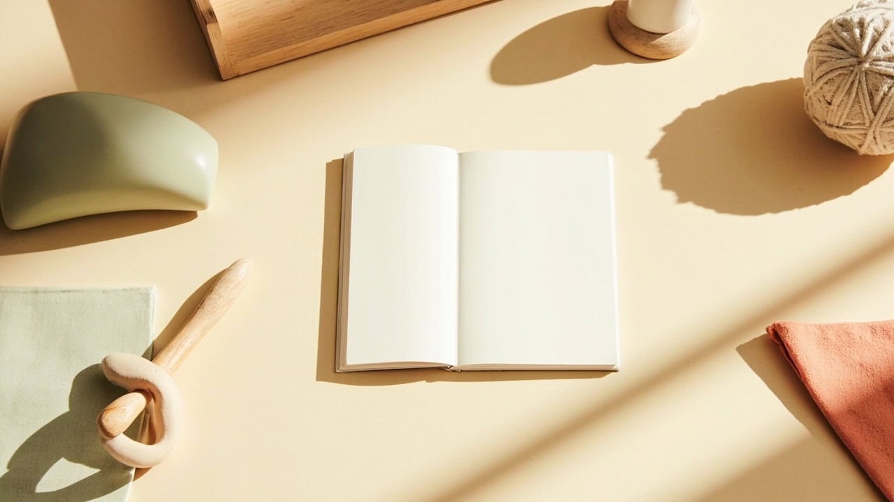 Blank notebook, wooden play pieces, fabric ball and folded cloth arranged on a warm, sunlit cream tabletop.