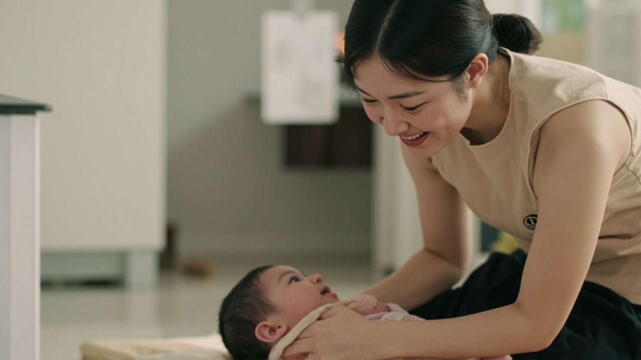 A smiling adult leans towards an awake baby lying on a mat and looking up at them.